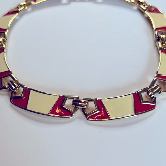 Vintage Monet 18" Retro/Deco Enameled Red/Cream Gold Plated Links Necklace - Picture 7 of 10